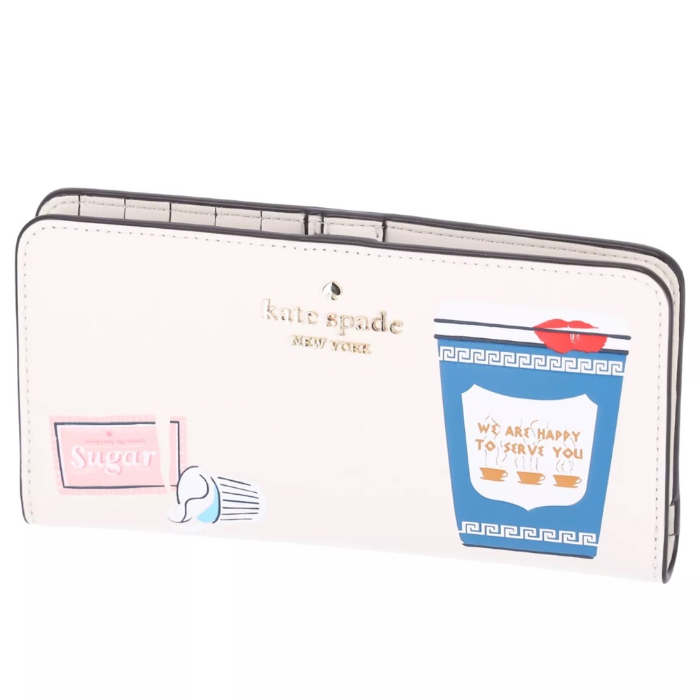 Kate Spade Coffee Break Large Slim Bifold Wallet Leather Cream Multi